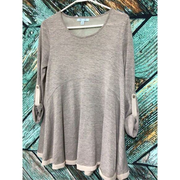 She + Sky Tunic Top Knit Top with Semi Sheer Back Panel Size Small Gray / Beige - Picture 1 of 12